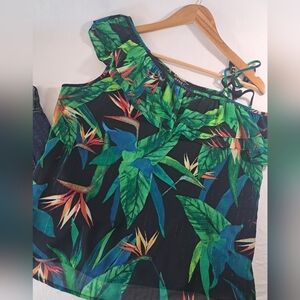 A.N.A. one shoulder Vibrant Jungle print Birds of Paradise slimming top XL NWT